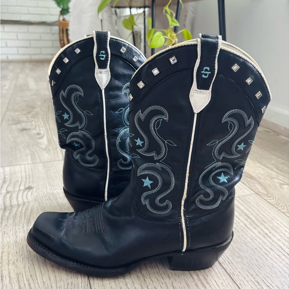 Stetson Black Western Cowboy Boots with Light Blue Stitching and White Trim